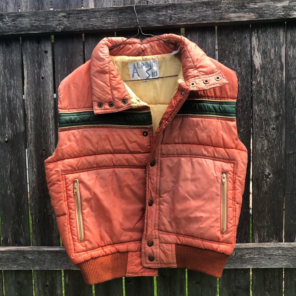 Vintage Alpine Ski Orange Quilted Puffer Vest with Green Stripe